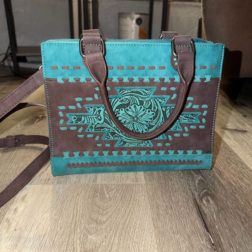 Montana West Turquoise and Brown Embossed Satchel